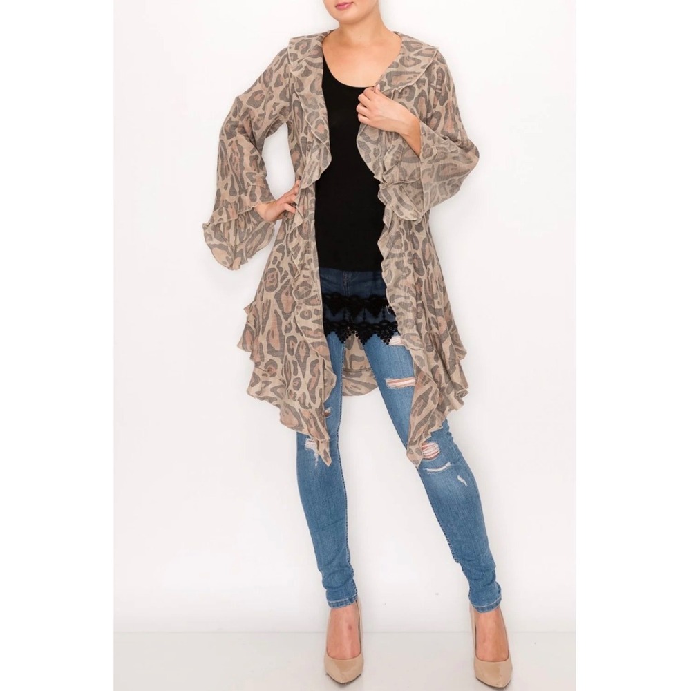 Origami by Vivien Leopard Print Ruffle Open Front Cardigan Taupe S/M